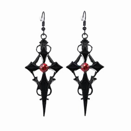 Wholesale Cross-border Foreign Trade Amazon Gothic Earrings Punk Style Cross Pattern Metal Red Rhinestone Ear Hanging