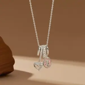 X08300 [Copper Pendant] Pink Heart Flower Necklace - / Silver