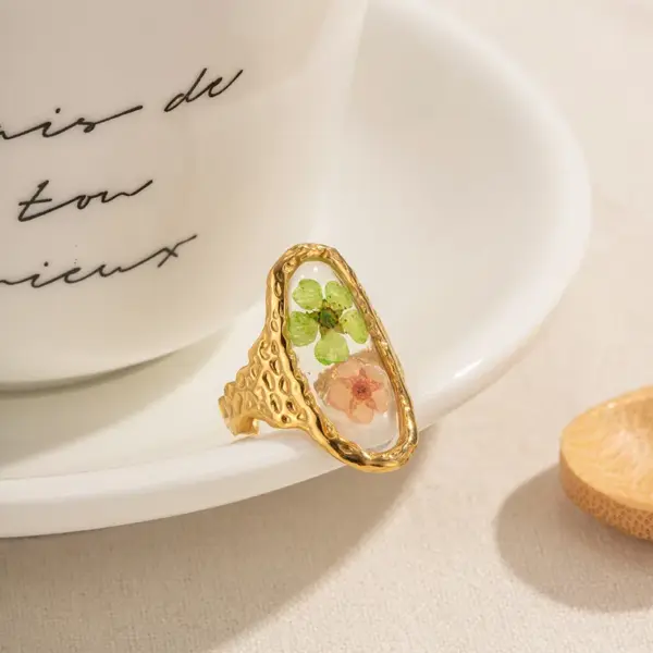 Wholesale Jewelry Elegant Retro Dried Flower 304 Stainless Steel PVD Coated Plating Open Rings