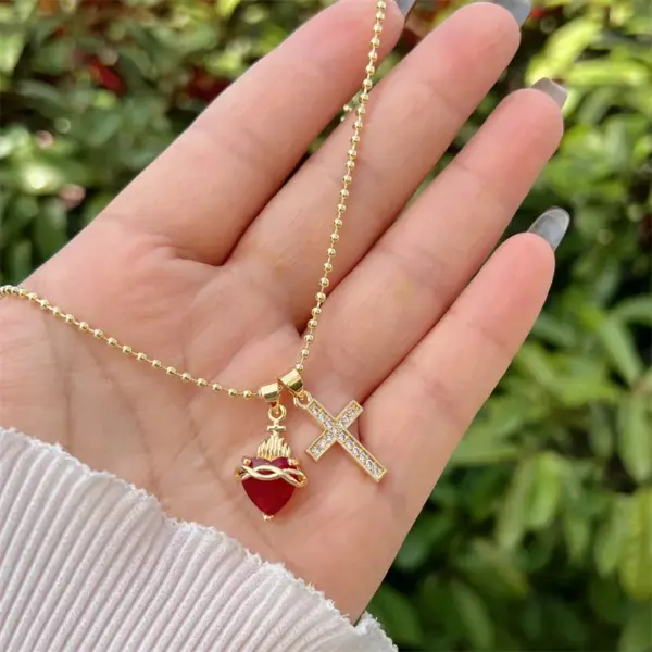 Copper Ball Chain 18K Gold Plated Inlay Cross Heart Shape Zircon Pendant Necklace