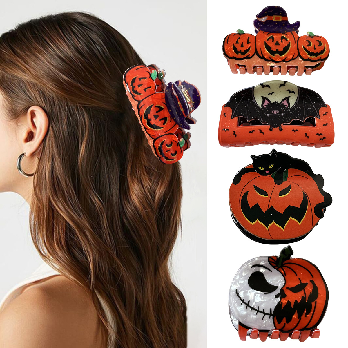 Wholesale New cross-border claw clip, funny pumpkin head black cat hair clip, back of head do bat nytail hair clip.