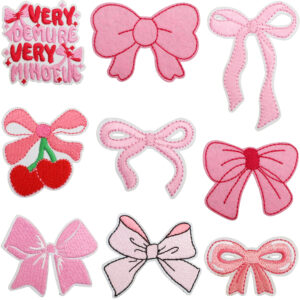 Wholesale Cherry Bow Embroidered Cloth Sticker Hairpin Decoration Bow Patch Sticker Bag Embroidered Pink Ribbon