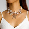 Wholesale European and American Cross-Border Bohemian Geometric Exaggerated Turquoise Necklace, Vacation Style Personalized Starfish Shell Collarbone Chain Jewelry