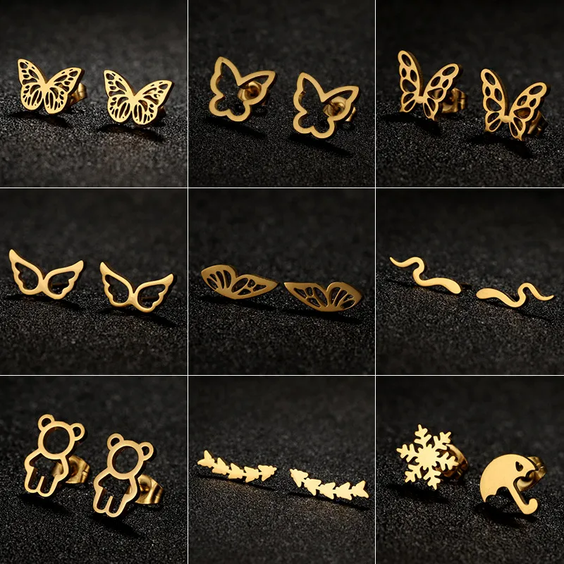 Wholesale PVD Coated 18K Gold Real Gold Plated Butterfly Umbrella Snowflake 304 Stainless Steel Casual Simple Style Waterproof Non Tarnish Ear Studs