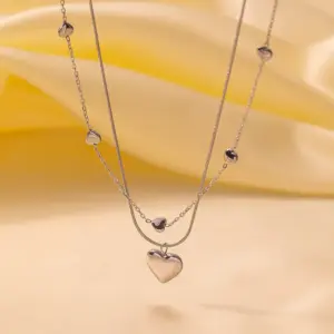 H342【Double Layers Loving Heart Necklace Steel Color】