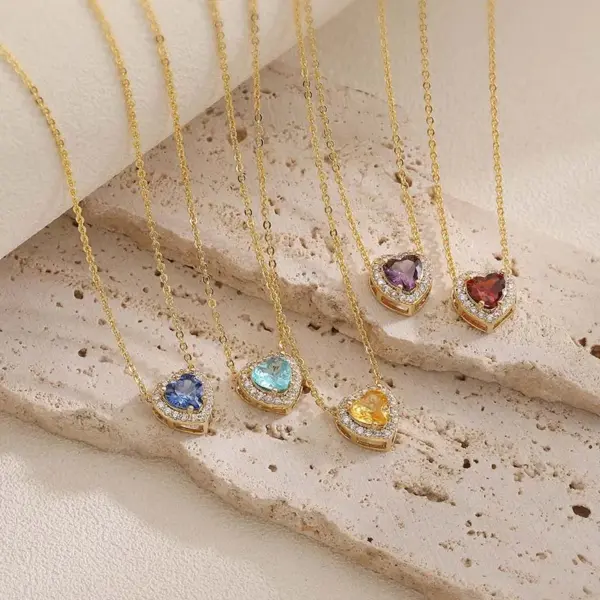 Wholesale Jewelry Elegant Luxurious Shiny Red Heart Copper Birthstone 18K Gold Plated Plating Inlay Cable Chain Pendant Necklace Necklace