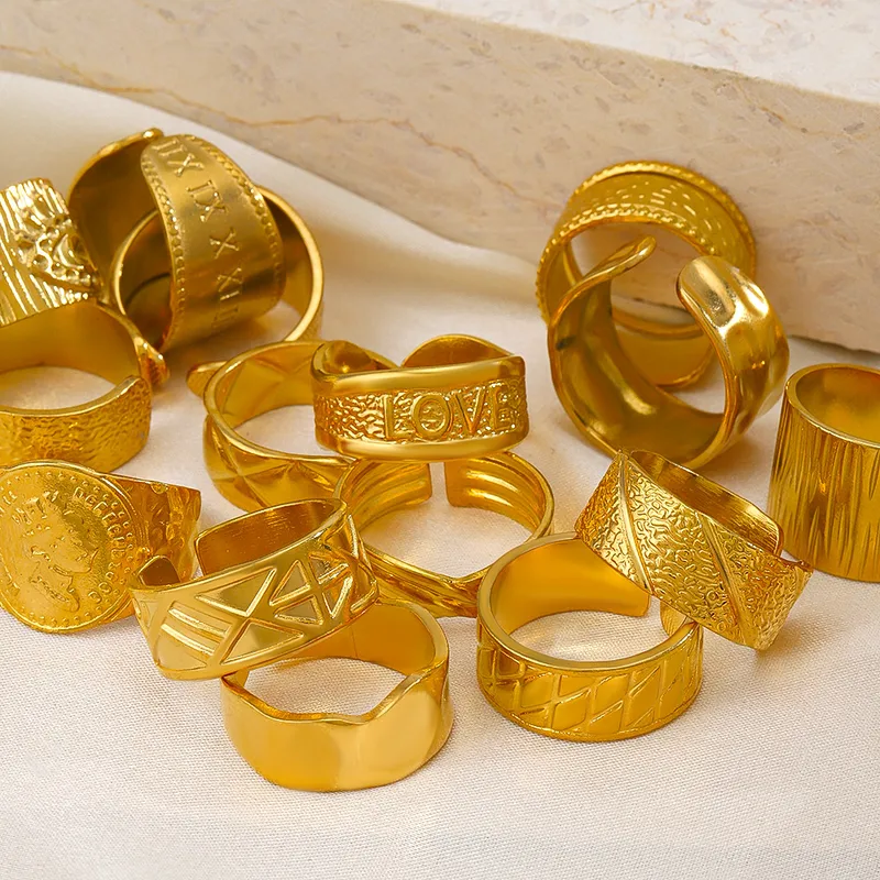 Wholesale PVD Coated 18K Gold Plated Geometric 304 Stainless Steel Hip-Hop Waterproof Non Tarnish Open Ring