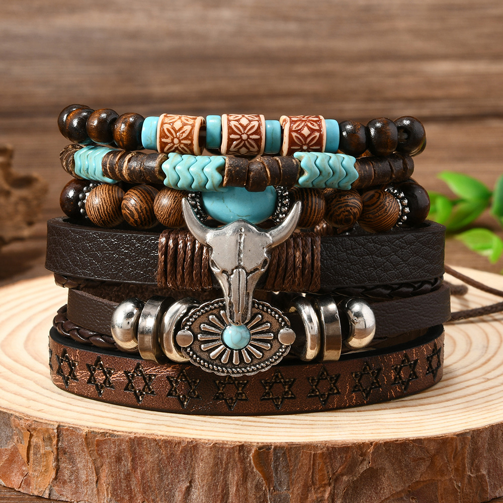 Wholesale TEMU Xiyin Cross-border Hot Selling Skull Niutou Zinc Alloy Aessories 6-piece Cowhide Bracelet