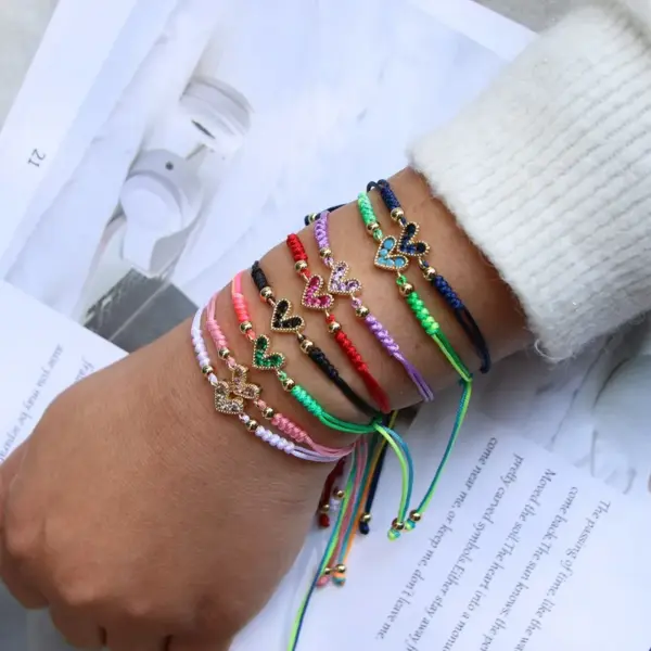 Wholesale Fashion Jewelry Adjustable Micro-set Colored Zircon Heart Copper Bracelet