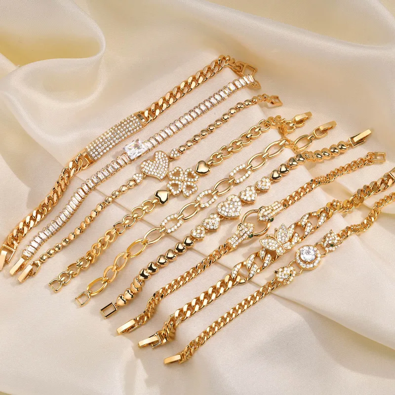 Wholesale Copper Gold Plated Vintage Style Plating Inlay Heart Shape Butterfly Rectangle Zircon Bracelets