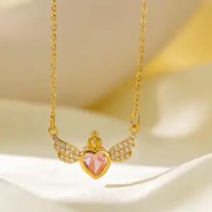[8157] Pink Diamond Crown Wings Necklace / Gold