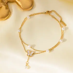 Qyb5001 Pearl White Shell Butterfly Anklet / Gold