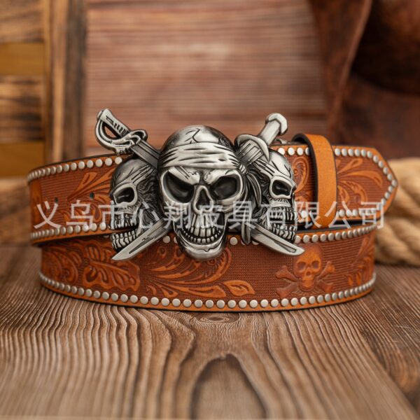 Wholesale Cross-Border Punk Double Sword Three Ghost Buckle Retro Western Cowboy Pu Leather Belt