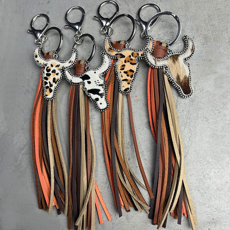 Wholesale Western style bull head tassel animal print leather keychain