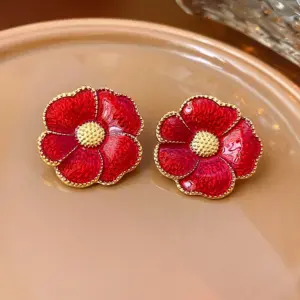 Silver Needle Mid-Ancient Red Oil-Spot Glaze Flowers Earrings