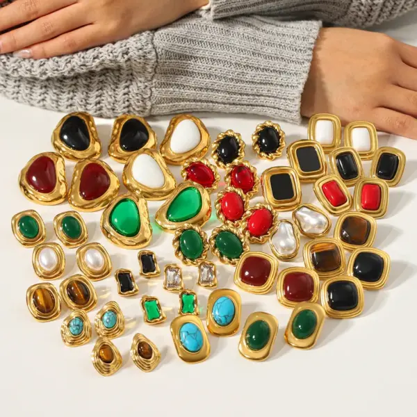 304 Stainless Steel Inlaid Natural Stone Irregular Shape Stud Earrings Plated 18K Real Gold Zircon Pearl Vintage Earrings