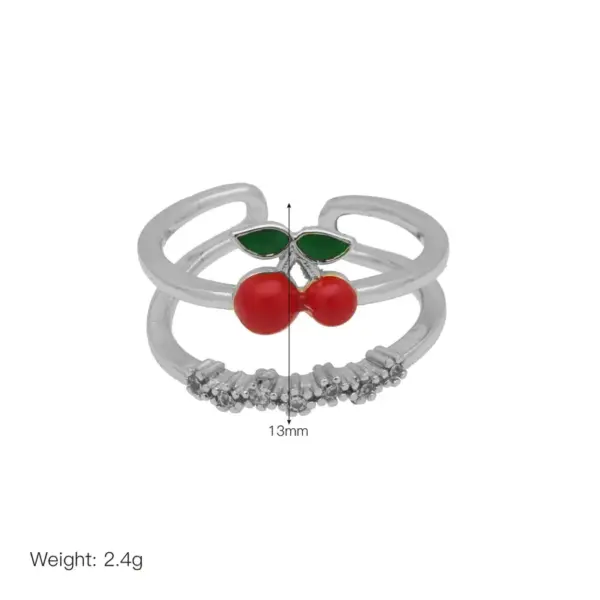Wholesale Jewelry Cute Lady Cherry Copper 18K Gold Plated Enamel Open Rings