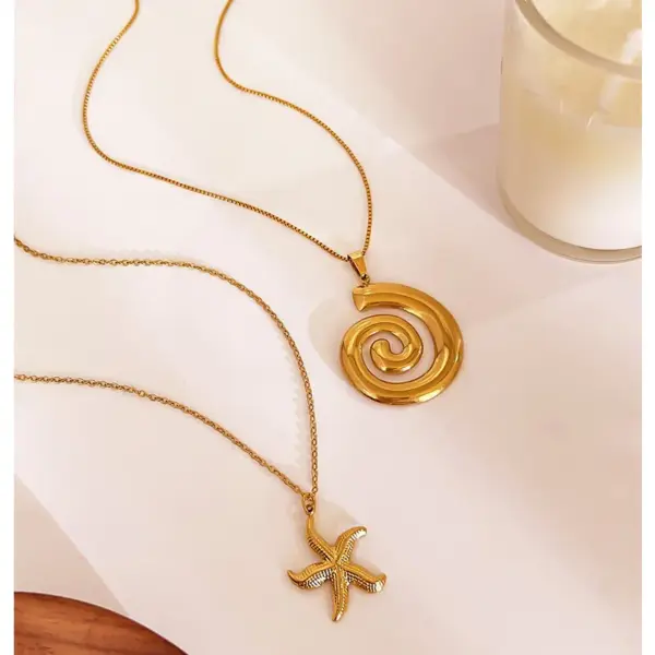 Wholesale 304 Stainless Steel Starfish Shell PVD Coated Imitation Pearl Real Gold Plated Beach Waterproof Non Tarnish Surgical Steel Bamboo Joint Steering Wheel Buckle Gold Pendant Necklace