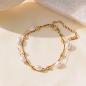 【XKB2007】Pearl and Gold Bead Double Chain Bracelet / Gold
