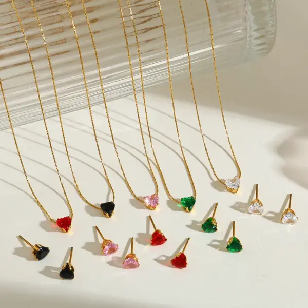Wholesale Stainless Steel 18K Gold Plated Zircon Heart Pendant Necklace And Earrings Set Elegant Casual Fashion Jewelry For Women