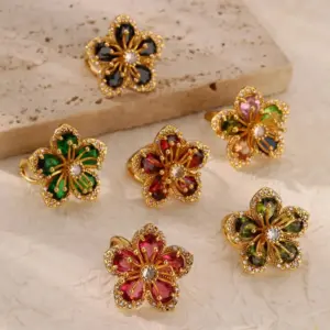 Wholesale Copper Flower PVD Coated Zircon Real Gold Plated Vintage Style Waterproof Non Tarnish Inlay Open Rings