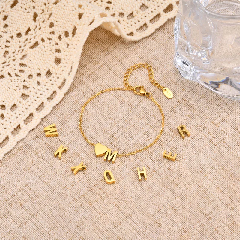 Wholesale PVD Coated Real Gold Plated Letter Heart Shape 304 Stainless Steel Simple Style Waterproof Non Tarnish 304 Stainless Steel Bracelets