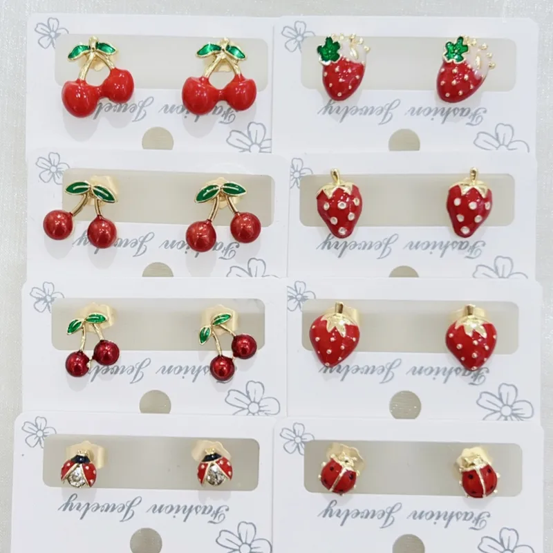 Wholesale 1 Pair/Package Elegant Sweet Cherry Ladybugs Strawberry Plating Inlay Copper Zircon 18K Gold Plated Ear Studs