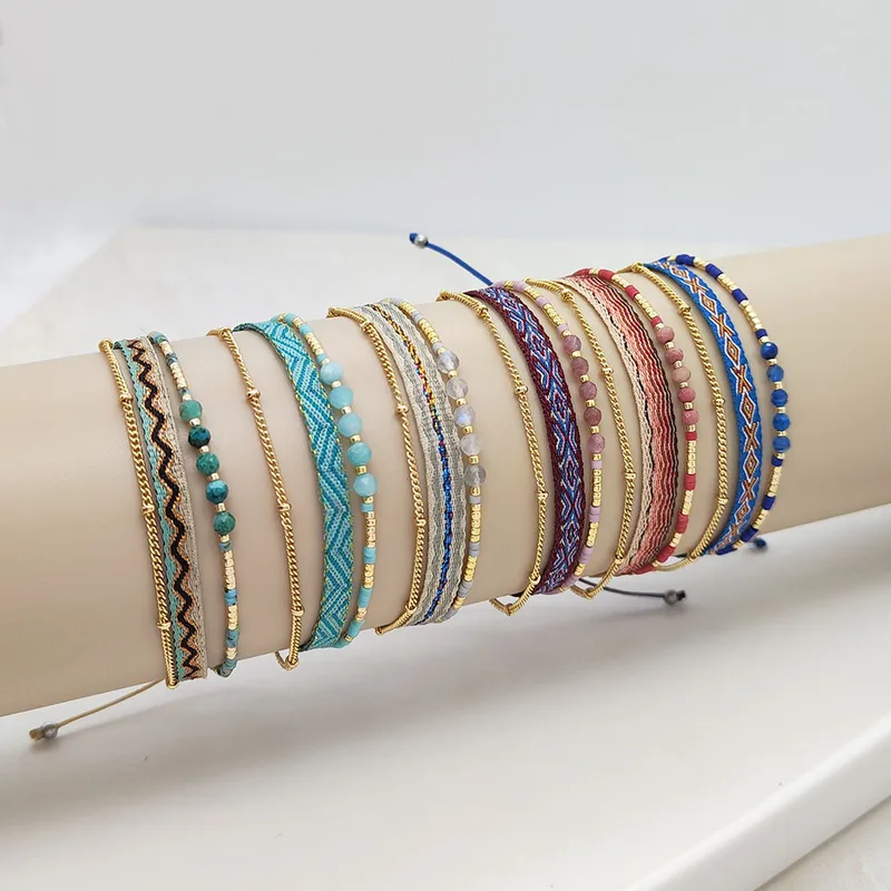Wholesale Simple Style Classic Style Color Block Natural Stone Layered Knitting 18k Gold Plated Bracelets