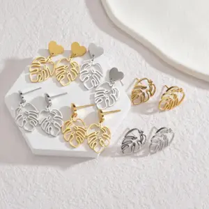 Wholesale 304 Stainless Steel Leaf PVD Coated Stone-Free 18K Real Gold Plated 18K Gold Elegant Waterproof Non Tarnish Hollow Out Gold Silver Earrings