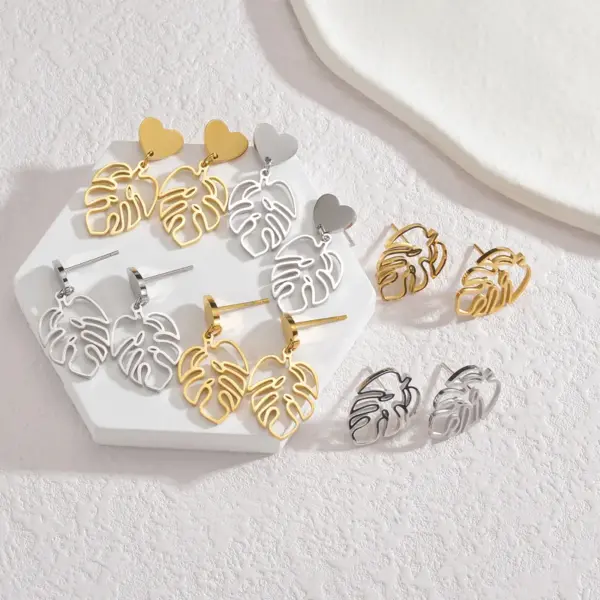 Wholesale 304 Stainless Steel Leaf PVD Coated Stone-Free 18K Real Gold Plated 18K Gold Elegant Waterproof Non Tarnish Hollow Out Gold Silver Earrings