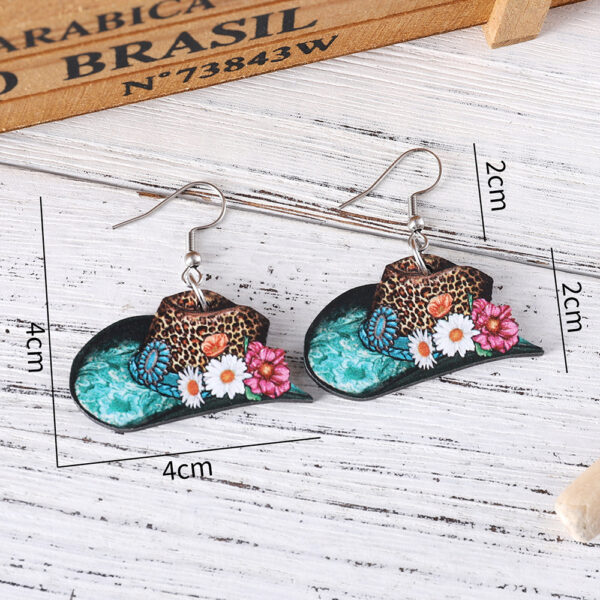 Wholesale Western style leopard print cowboy hat with wooden double-sided earrings