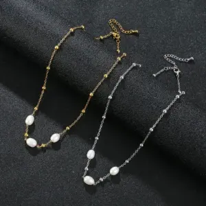 Wholesale Elegant Water Droplets Stainless Steel Freshwater Pearl Beaded Necklace