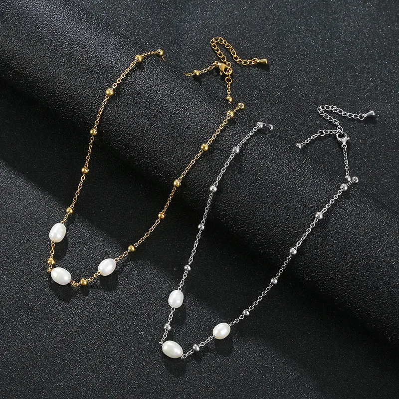 Wholesale Elegant Water Droplets Stainless Steel Freshwater Pearl Beaded Necklace