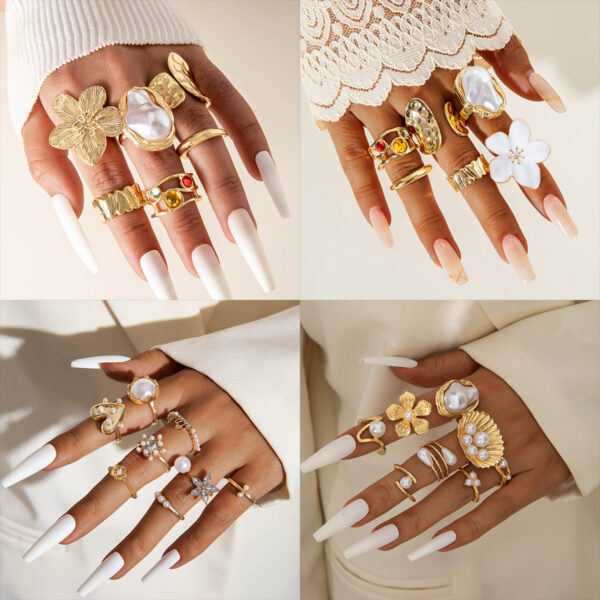 Wholesale European and American Cross-border Baroque Pearl Combination Ring Six-piece Set Retro Metal Lava Flower Ring suit Women