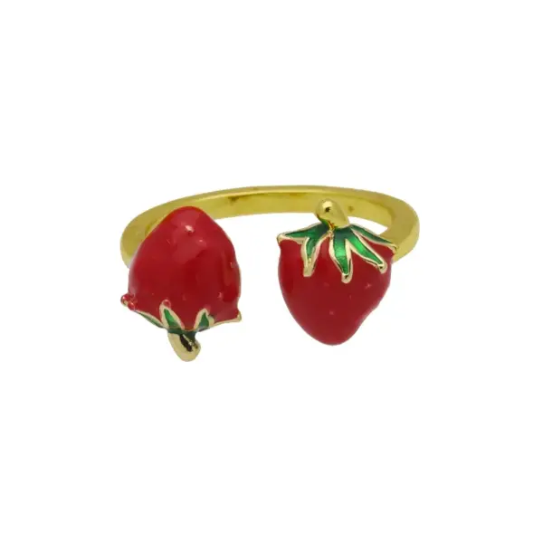 Wholesale Jewelry Cute Lady Cherry Copper 18K Gold Plated Enamel Open Rings