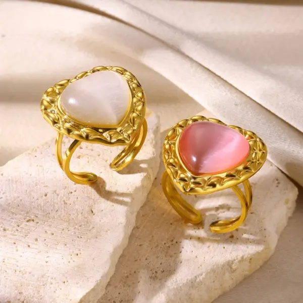 Wholesale PVD Coated Real Gold Plated Heart Shape 304 Stainless Steel Synthetic Gemstones Elegant French Style Sweet Waterproof Non Tarnish Open Rings