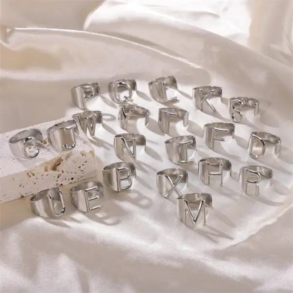 Wholesale PVD Coated Real Gold Plated Letter 304 Stainless Steel Hip-Hop Punk Cool Style Waterproof Non Tarnish Wide Band Rings