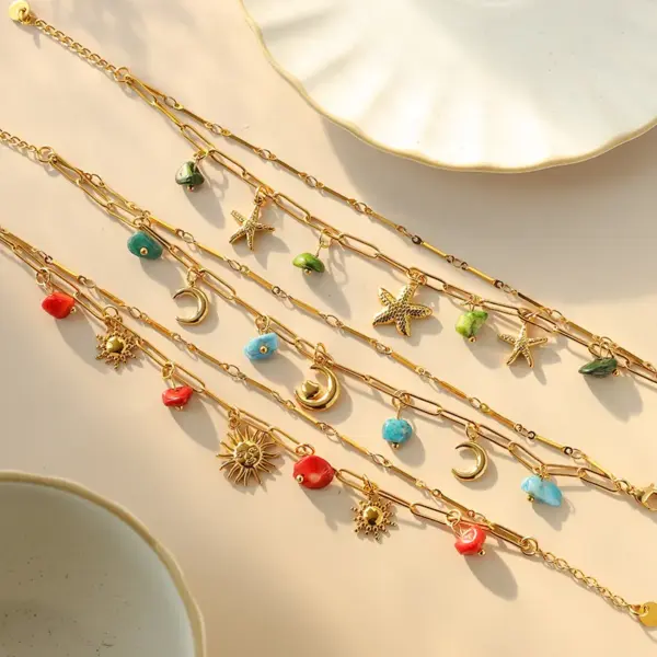 Ion Plating (IP) 14K Gold Real Plated Sun Moon Starfish 304 Stainless Steel Casual Vacation IG Style Waterproof Non Tarnish Multi Charms Bracelet