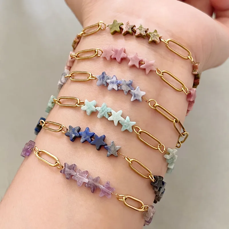 Wholesale Fashion Vacuum Electroplating (In Furnace) Imitation Gold Star 304 Stainless Steel Natural Stone Geometric Pattern Bracelet Personality Matc