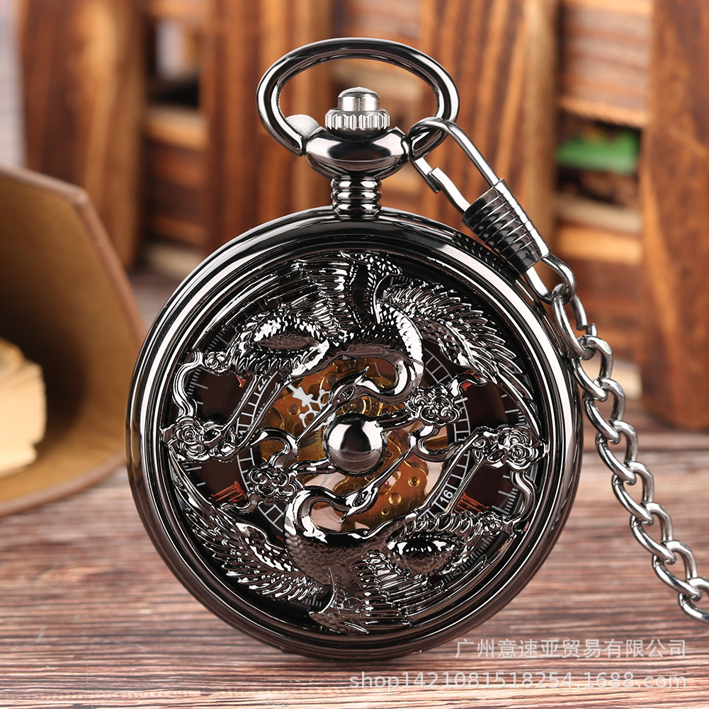 Wholesale Foreign Trade Hot cket Watch Chinese Style Double Crane Play Bead Pattern Hollow Relief Octopus Manual Mechanical Large cket Watch