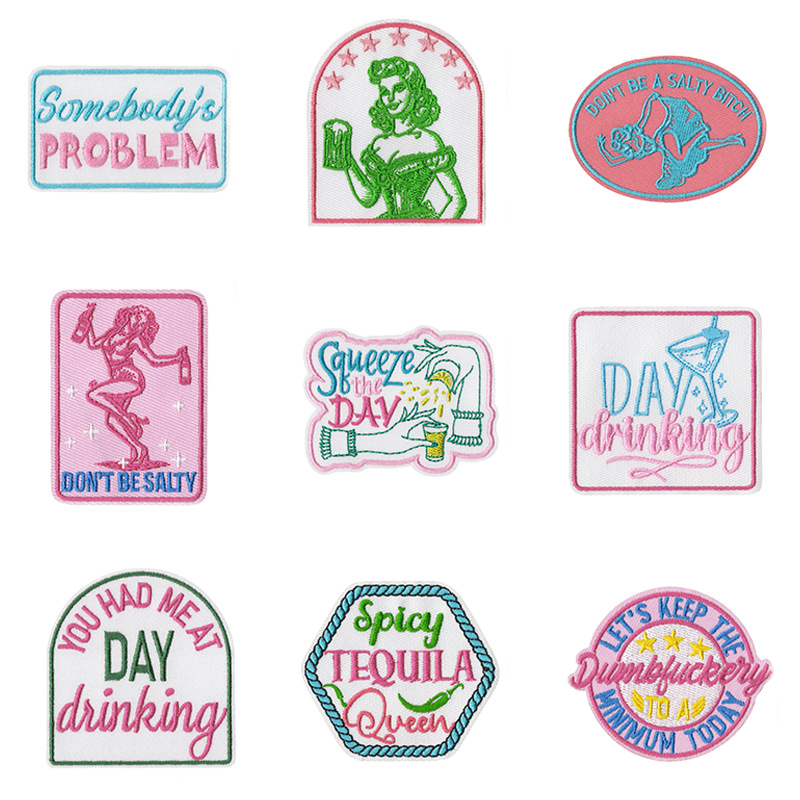 Wholesale Bar main image denim embroidered fabric patch pink lady patch