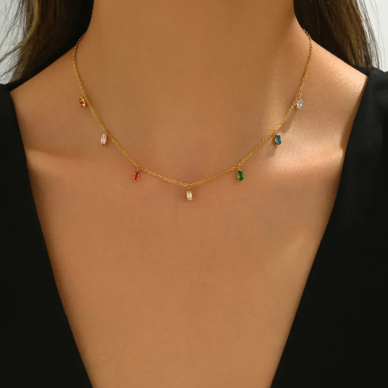 Wholesale Jewelry Simple Style Rectangle 304 Stainless Steel Zircon 14K Gold Plated Inlay Stainless Steel Necklaces