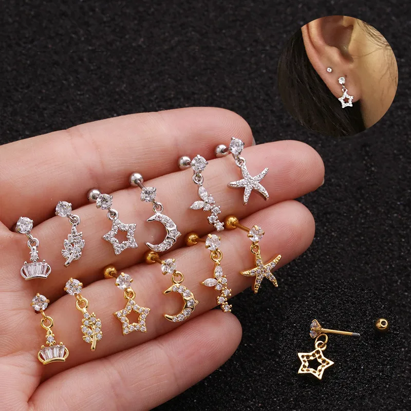 Copper Ear Cartilage Rings & Studs Pentagram Waterproof Non Tarnish Surgical Steel Women'S
