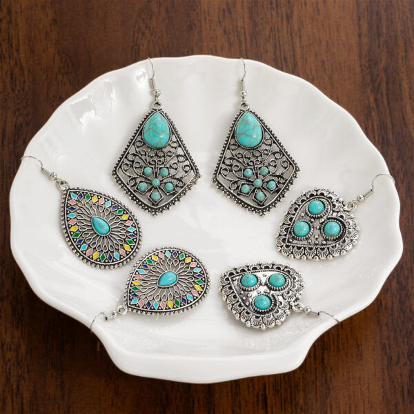Wholesale Europe and the United States cross-border retro turquoise earrings geometric inlay Bohemian alloy personality earrings jewelry