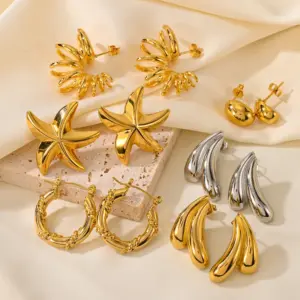 Wholesale 304 Stainless Steel Water Droplets Starfish Solid Color PVD Coated 18K Real Gold Plated 18K Gold IG Style Vintage Style Classic Style Waterproof Non Tarnish Ear Studs