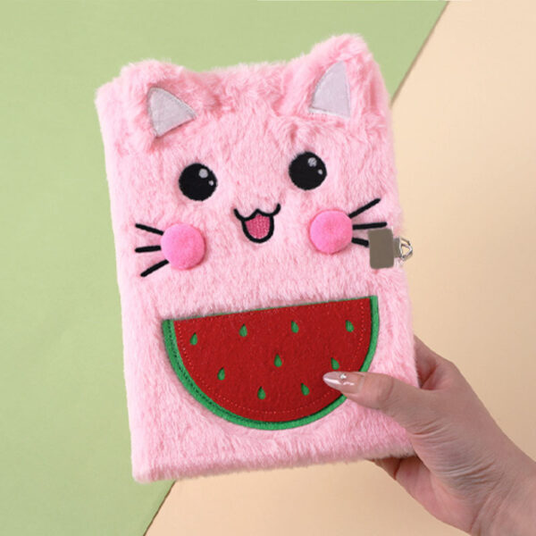 Wholesale New Student Plush Notebook with Lock Watermelon Cat Cute Three-dimensional Animal Stationery Notepad Factory Outlet