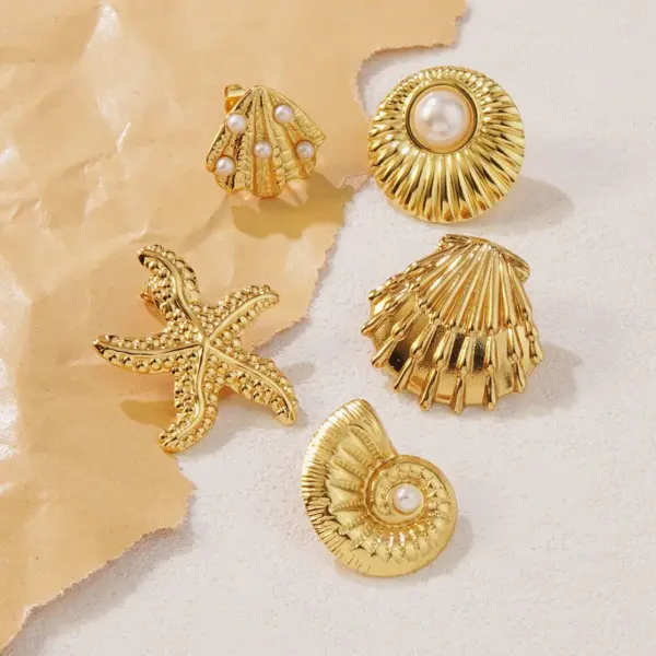 304 Stainless Steel Plastic Starfish Conch Shell Electroplating Imitation Gold Marine Style Irregular Multicolor-Golden Yellow Ear Studs