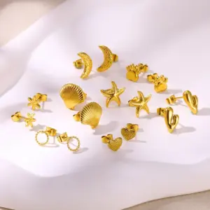 Wholesale PVD Coated Real Gold Plated Starfish Heart Shape Shell 304 Stainless Steel Marine Style Classic Style Waterproof Non Tarnish Ear Studs