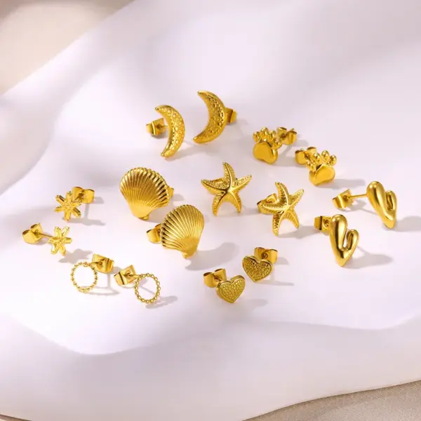 Wholesale PVD Coated Real Gold Plated Starfish Heart Shape Shell 304 Stainless Steel Marine Style Classic Style Waterproof Non Tarnish Ear Studs