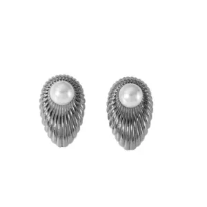 【XKE0274】Water Drop Stripe Pearl Earrings / Steel Color